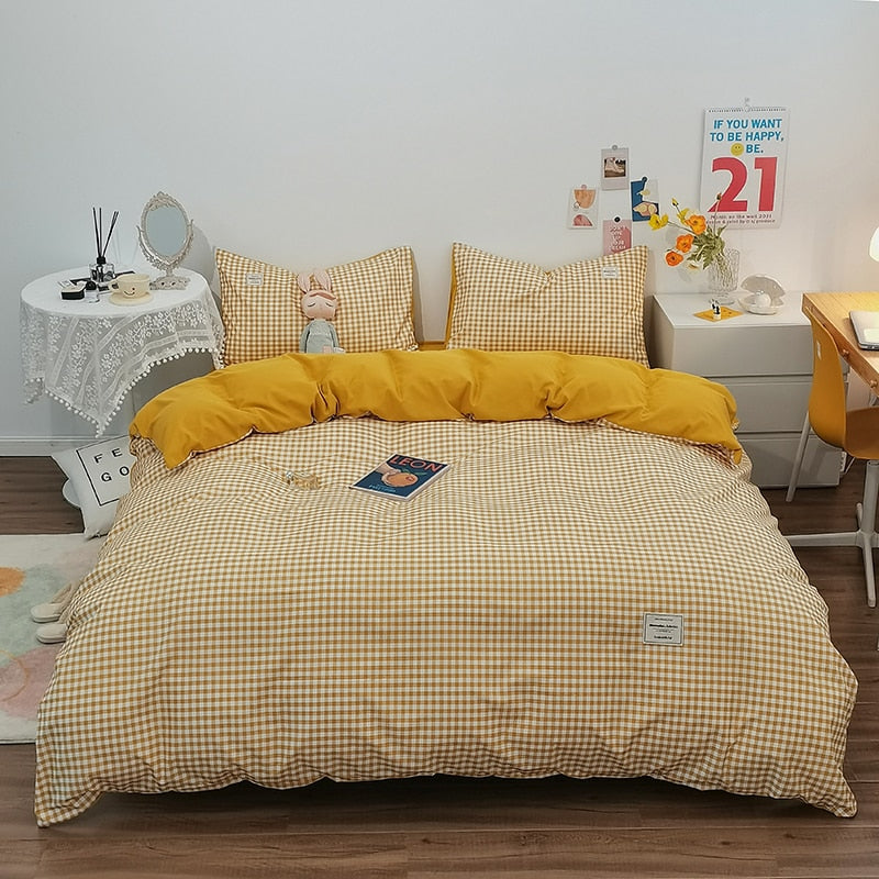 100% Cotton Japanese Simple Style Duvet Cover,Bedding Set With Plaid Stripe,Skin Friendly Breathable,1 Duvet Cover,2 Pillowcase