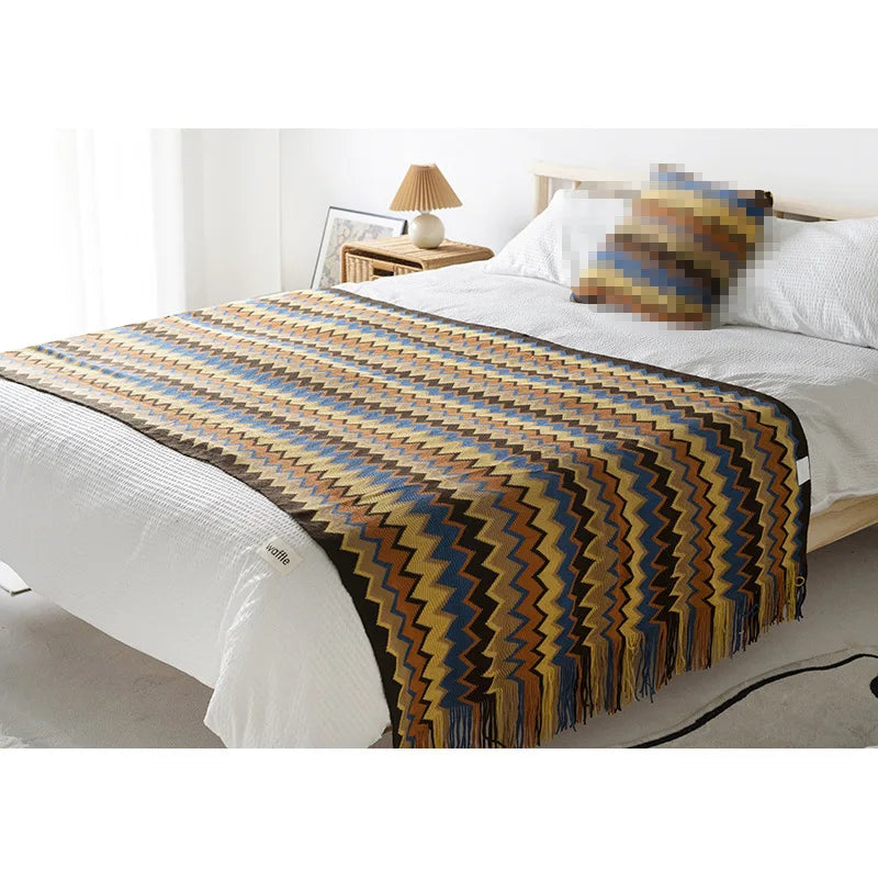 Bohemian Style Blanket Tassels Shawl Yarn Dyed Blanket Sofa Towel manta Home Bedside Blanket Decoration Plaid (No Pillowcase)