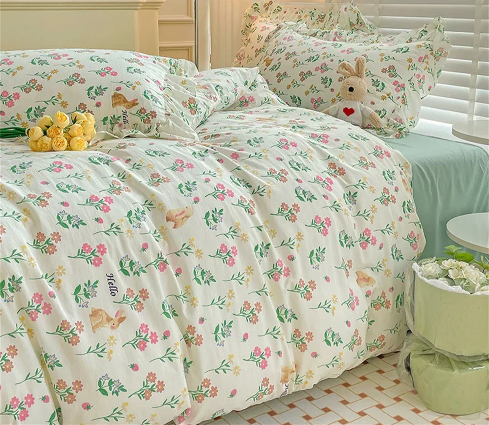 Fresh Plant Flower Bed Sheet for Children and Adults Four-Piece Bed Set Pillowcases Soft Washed Cotton Home Textiles