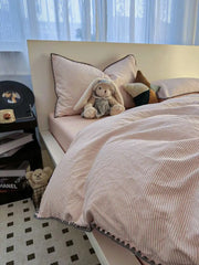 Ins Style Solid Color Stripes Mix and Princess Style Quilt Cover Four-piece Bedding Set Washed Cotton Shell Edge Duvet Cover Set