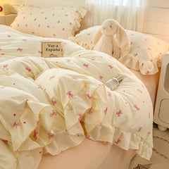 INS Princess Style Bedding Sets Ruffle Lace Bow Quilt Cover Romantic Bedclothes Decor Woman Girls Bedroom Duvet Cover 4pcs