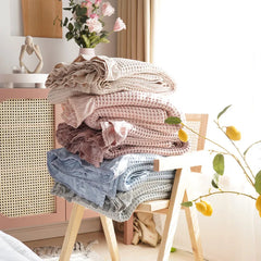 100% Cotton Soft Bed Plaid Home Japenese Knitted Blanket Corn Grain Waffle Embossed Summer Ruffles Warm Plaid Throw Bedspread