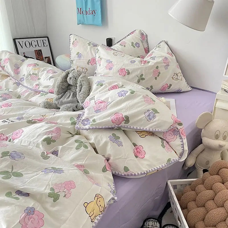 Bedding Set Flora INS Girls 4 New Tulip Rabbit Double-layer  Bed Set Of Four Pieces Washing Cotton Bed Sheets Duvet Cover Set