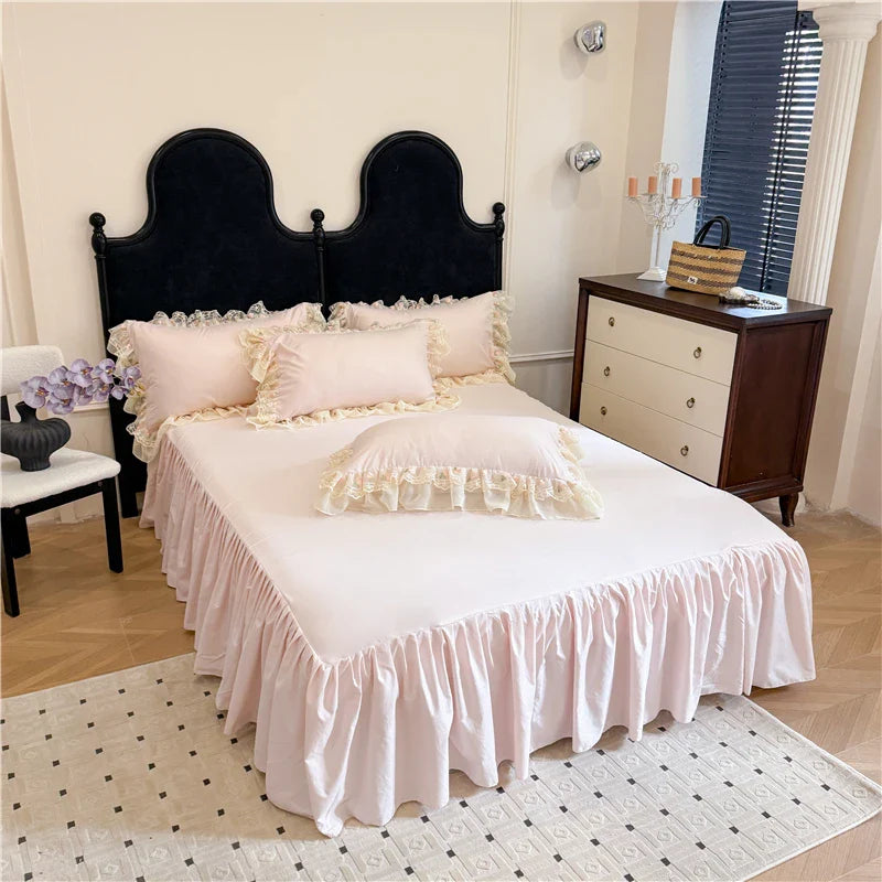 4Pcs Princess Wedding Bedding Set Korean Style Lace Flowers Embroidery Duvet Cover Bed Sheet/Fitted Sheet/Bed Skirt Pillowcases