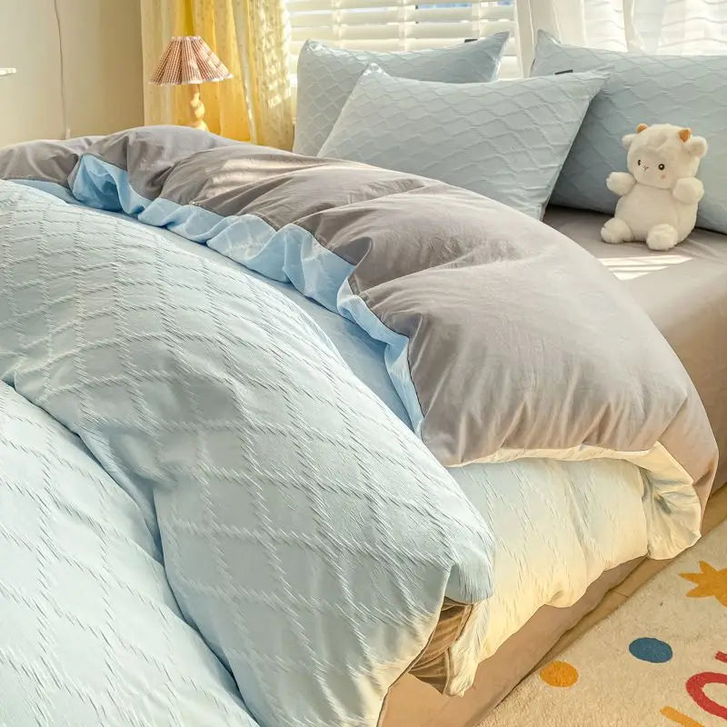 Argyle Jacquard Bedding Set Duvet Cover Pillowcases Flat Sheet Washed Cotton Solid Color Bed Linen Duvet Cover Set