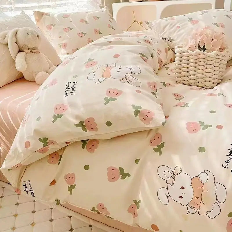Ins Retro Flower Bedding Set Flat Bed Sheet Pillowcase Twin Full Queen Size Bed Linen Women Girls Caramel Floral Duvet Cover Set