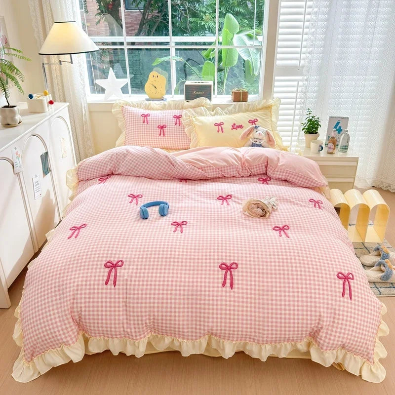 Classic Plaid Duvet Cover, Soft Lace Bedding Set, Bow Design Skin-friendly Quilt Cover, 2 Pillowcases with Different Patterns