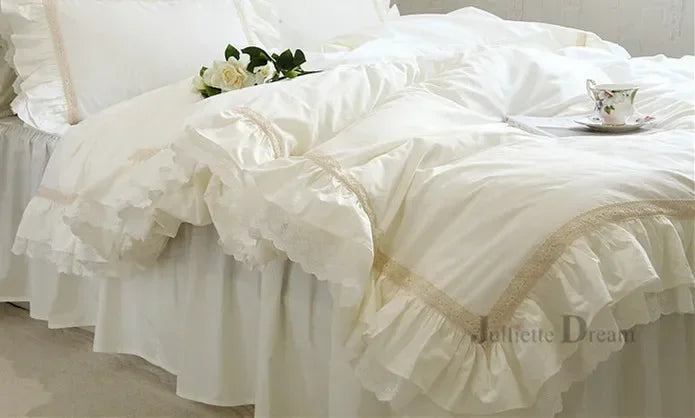 Beige Ruffle Duvet Cover 100% Cotton Cloth Bedding King Duvet Cover Lace Bed Princess Quilt Case Duvet Set Bag in A Bed