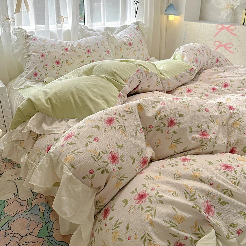 Bedding Set Korean Style New  Small Floral Water Washed Cotton Lace Duvet Cover Set Queen Size