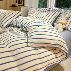 Stripe Milk Velvet Bedding Set Queen Thickened Duvet Cover Set Bedroom Decor Winter 4 Piece Set Quilt Cover Pillowcase Bed Sheet