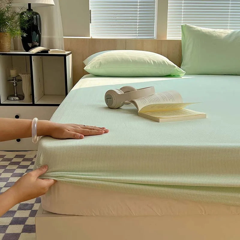 1PCS Nordic Stripe Fitted Sheet Non Slip Bedspread 100% Cotton With Elastic Band Mattress Cover (no Pillowcase)