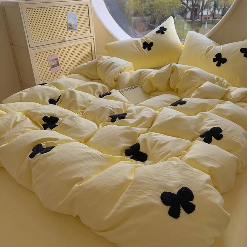 4pcs Duvet cover set (1*Duvet Cover + 2*Pillowcase, sheet), Butterfly knot yarn embroidery Bedding Set, Soft Comfortable