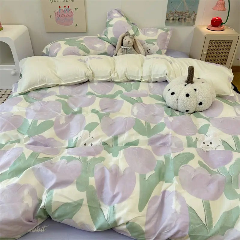 Floral Korean Style Duvet Cover Set No Filler Pillowcase Flat Sheet Twin Queen Size Boys Grils Romantic Bedding Kit