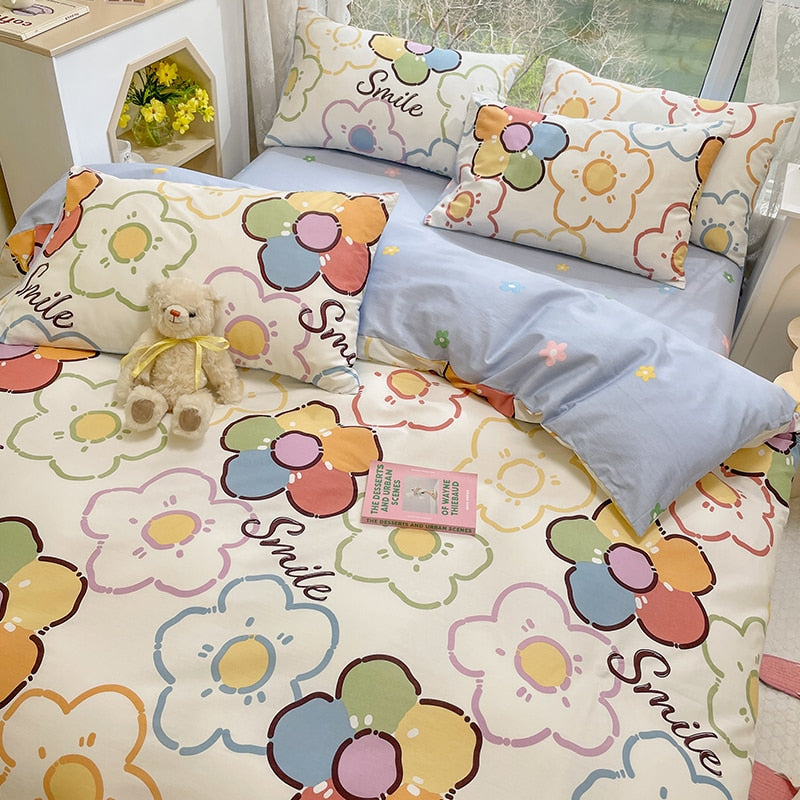 Blue Floral 100% Cotton Luxury Bedding Set, 133x72 Fabric, Skin-friendly,Duvet Cover & 2pcs Pillowcase