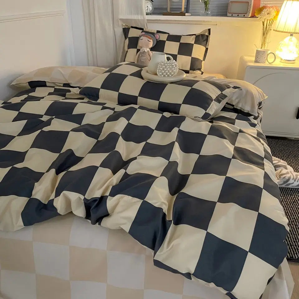 Simple Bedding Set Plaid Sold Color Single Queen Size Duvet Cover No Filling Boys Girls Flat Sheet Pillowcase Kit