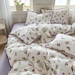Cute Purple Grapes Fruit Duvet Cover Girls INS Bedding Set for Kids Queen Full Size Flat Bed Sheet Quilt Cover Pillowcase Kawaii