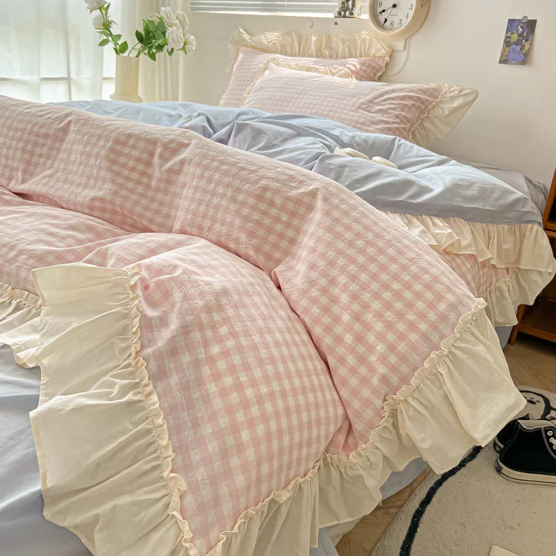 Korean Princess Style Bedding Set Soft Skin-friendly Lattice Lace Ruffles Quilt Cover Plaid Style Duvet Covers Set Pillowcases