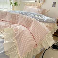 Korean Princess Style Bedding Set Soft Skin-friendly Lattice Lace Ruffles Quilt Cover Plaid Style Duvet Covers Set Pillowcases