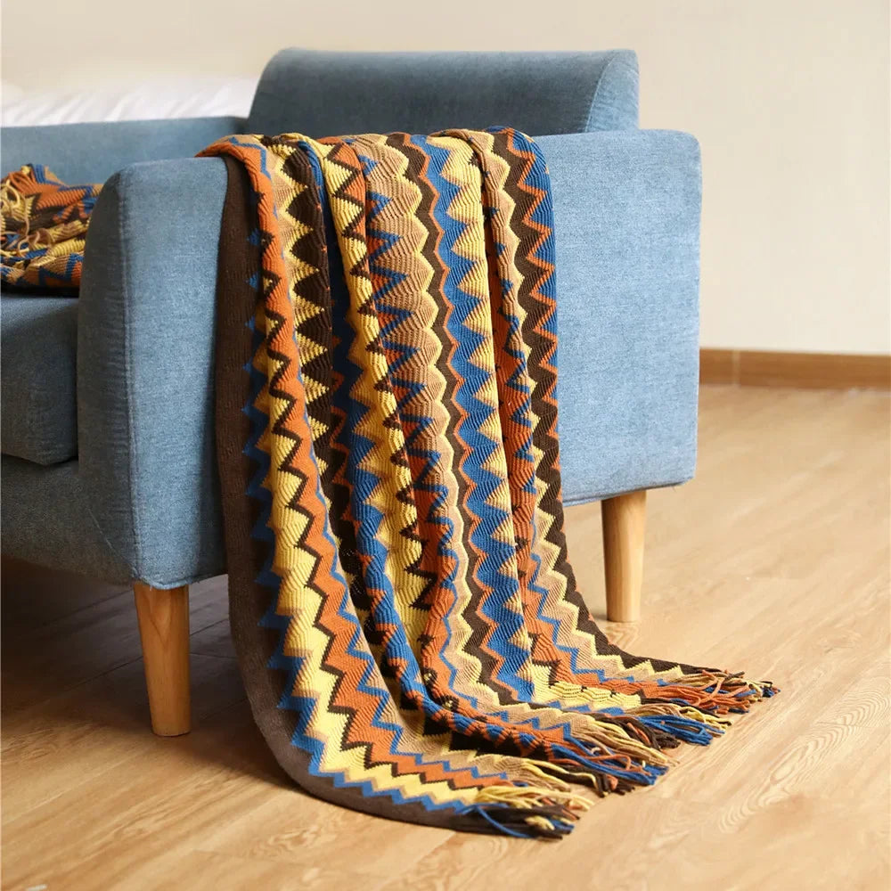 Boho Woven Rust Red Throw Blanket with Tassels Soft Lightweight Plaid Blanket for Couch Bed Sofa Decorative Knitted Soft Blanket