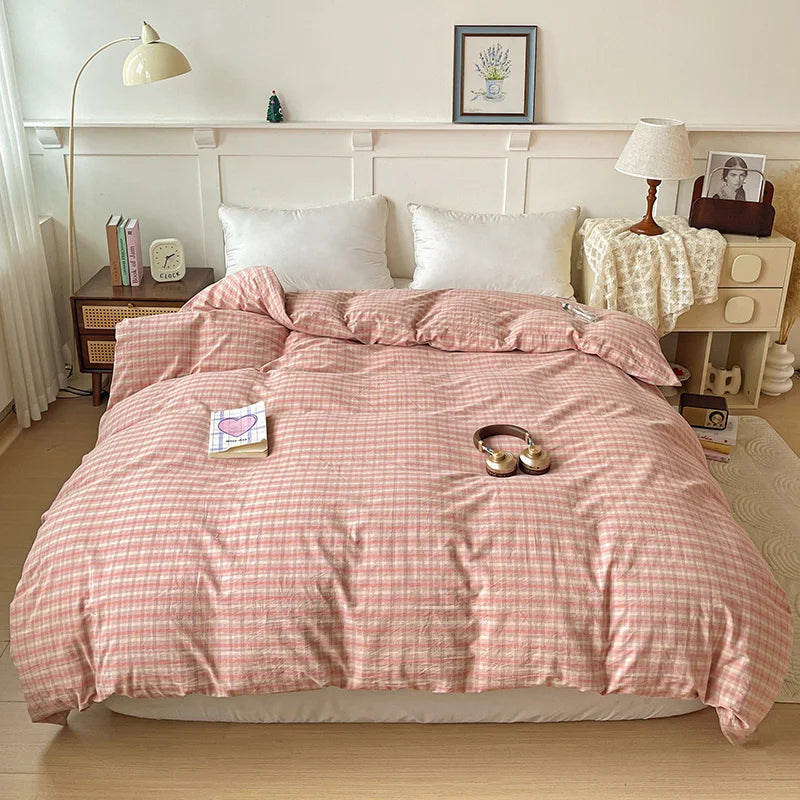 2025 New All-cotton Washed Cotton Single Quilt Set Printed Plaid Duvet Cover 150x200 220x240 Skin Friendly Bedding