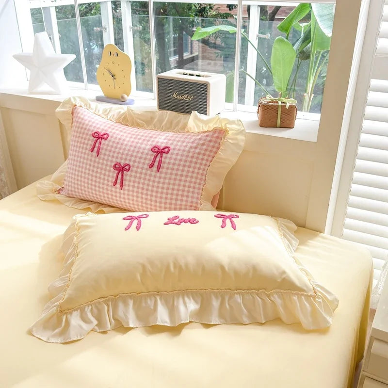Classic Plaid Duvet Cover, Soft Lace Bedding Set, Bow Design Skin-friendly Quilt Cover, 2 Pillowcases with Different Patterns