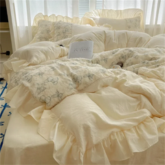 Cream Feng Shui Wash Cotton Lace Bed Set Four Piece Princess Style Retro Quilt Cover Bed Sheet Non All Cotton Bedding