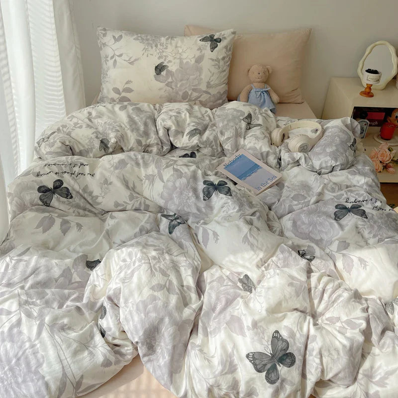 Korean Style Cute Bedding Set For Girls Bed Linen New Skin Friendly Fresh Flora Printed Washed Cotton Duvet Cover Set