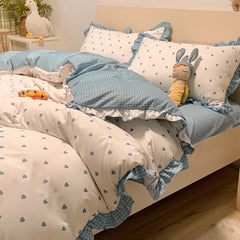 Korean Princess Style Bedding Set Soft Skin-friendly Lace Ruffles Quilt Cover Blue Heart Printed Duvet Covers Pillowcases Sheet