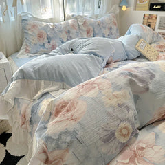French Romantic Style Bedding Set Princess Skin Friendly And Comfortable Quilt Cover Lace Washed Cotton Printed Duvet  Cover Set