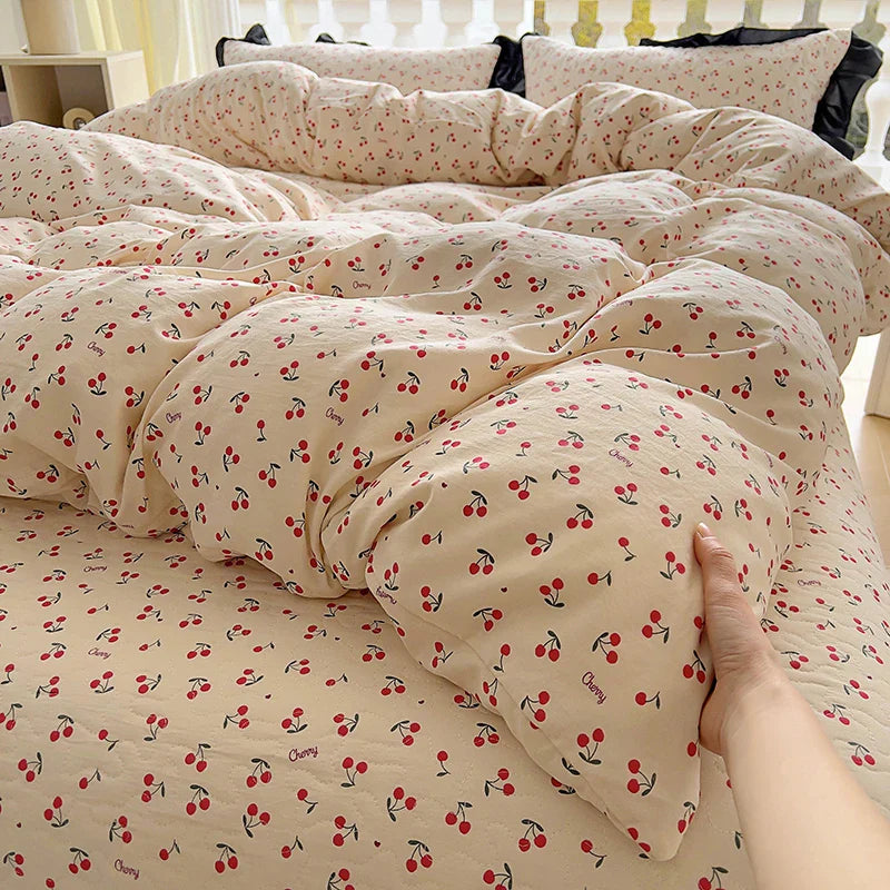 2025 new soft waxy waxy wash quilt cover Knitted double layer single bed sheet Little fresh polka dot bedding