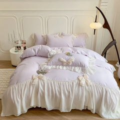 Chiffon Lace Bedding Set Pink France Romantic Princess Wedding Ruffles Bow Soft Duvet Cover Bed Sheet Pillowcases Home Textile