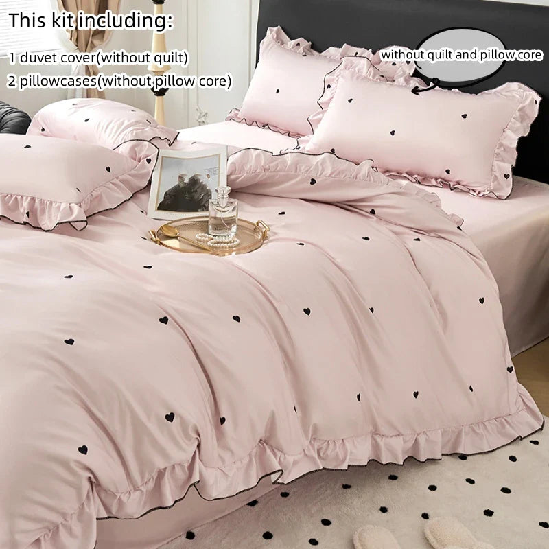 3pcs  Korean lace Duvet Cover Set (1*Duvet Cover + 2*Pillowcase, Without Core), Black dot print print Bedding Set