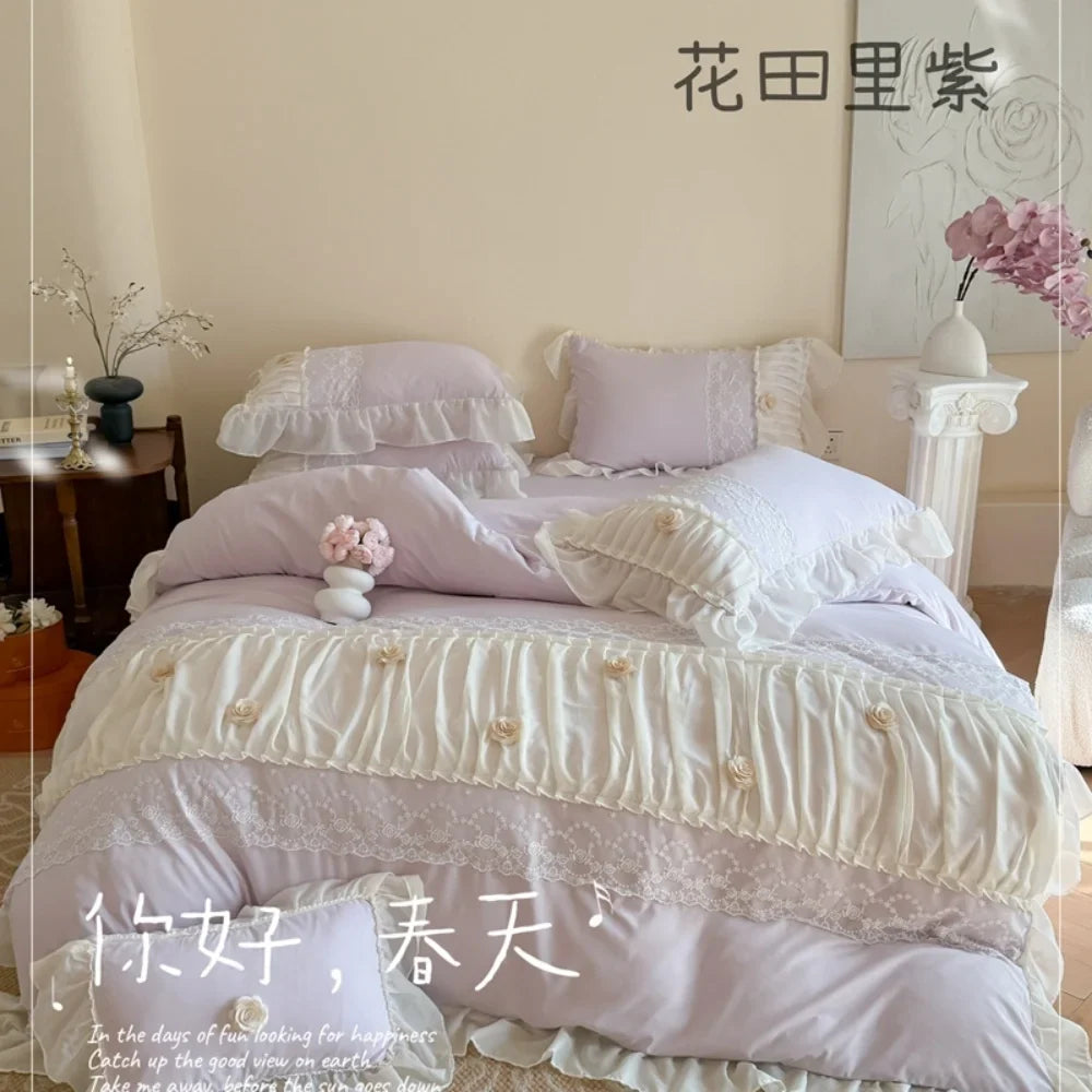 Princess Style Lace Ruffles Wedding Bedding Set Korean Soft Rose Flowers Four-Piece Set Duvet Cover Bed Sheet Pillowcase 4Pcs
