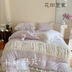 Princess Style Lace Ruffles Wedding Bedding Set Korean Soft Rose Flowers Four-Piece Set Duvet Cover Bed Sheet Pillowcase 4Pcs