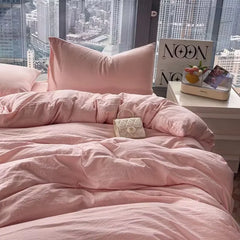 Washed Cotton Bedding Set,Bed Sheet Set, Linen Feel, Super Soft, Comfortable, 4-Piece Duvet Cover Set, Durable and Easy Care