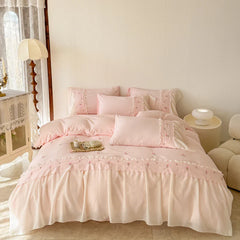 Korean Princess Style Lace Ruffles Rose Embroidery Wedding Bedding Set Duvet Cover Set Flat/Fitted Bed Sheet Pillowcases 4Pcs