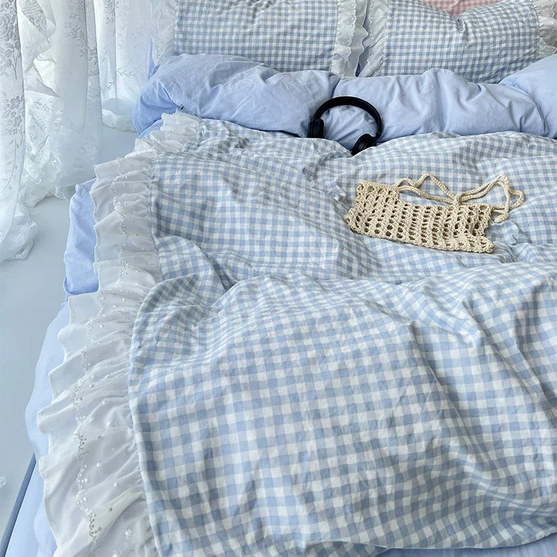 Korean Princess Style Lattice Double Layer Lace Bedding Set Soft Quilt Cover Plaid Style Duvet Covers Set Bed Sheet Pillowcases
