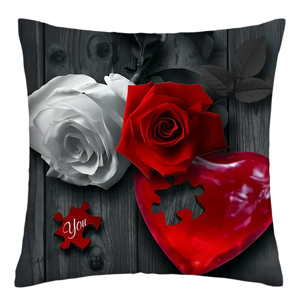 45x45cm Red Rose Flower Cushion Cover Home Wedding Decoration Sofa Bed Lumbar Pillowcase Polyester Red Rose Print Pillow Case