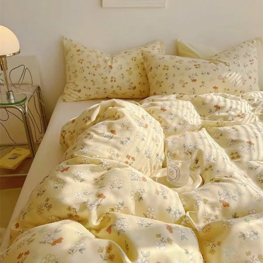 Fashion Floral Bedding Set Blue Pink Boys Girls Single Double Size Duvet Cover Kit No Filling Flat Sheet Pillowcase Home Textile