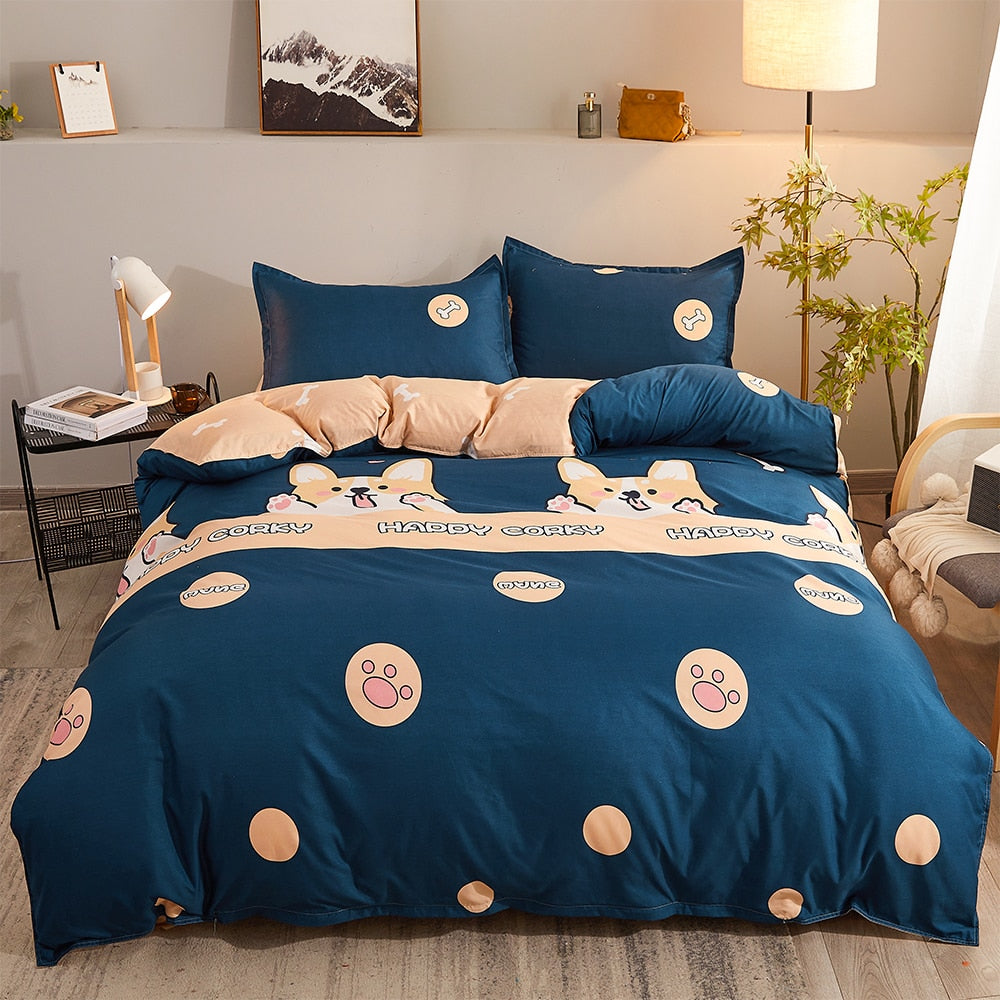Cartoon Pattern 4-Piece Flat Sheet Quilt Cover Pillow Case Family Bed Sheet Children's Bedding Set 4-Piece Set