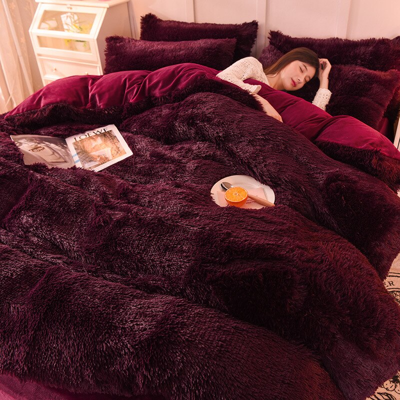 4pcs Autumn and Winter Warm and Thick Solid Color King Size Bedding Set Sheet Quilt Cover Pillowcase 220x240cm