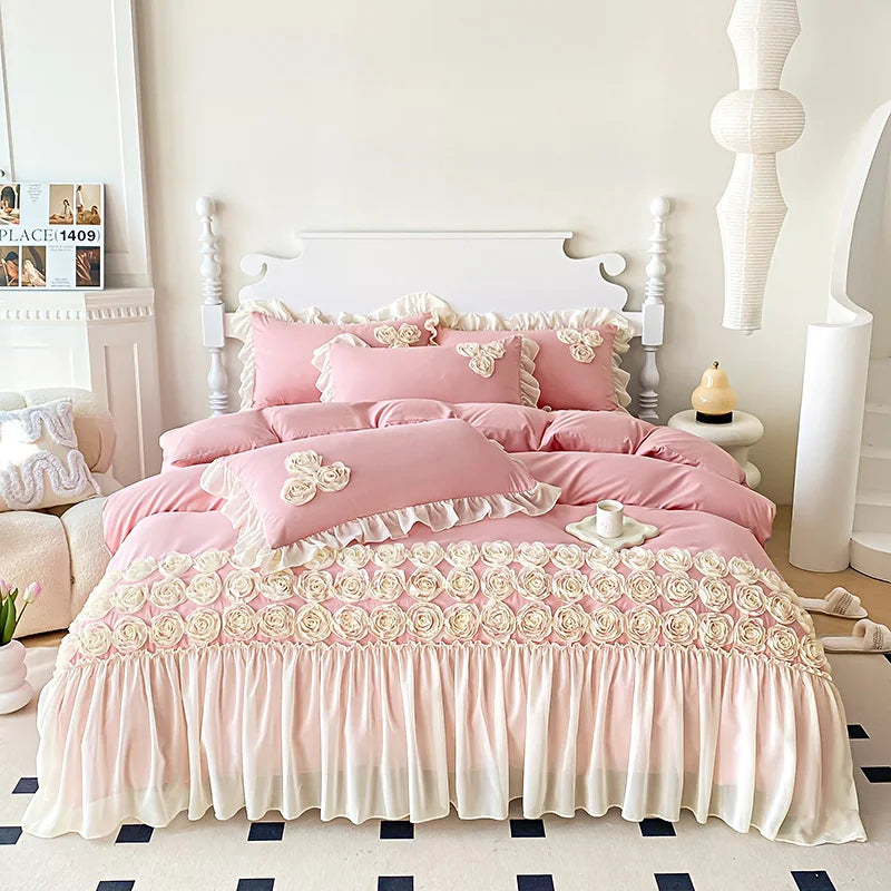 3Pcs Pink Skin-friendly Soft Three-dimensional Flowers Embroidery Lace Ruffles Princess Bedding Set Duvet Cover With Pillowcases