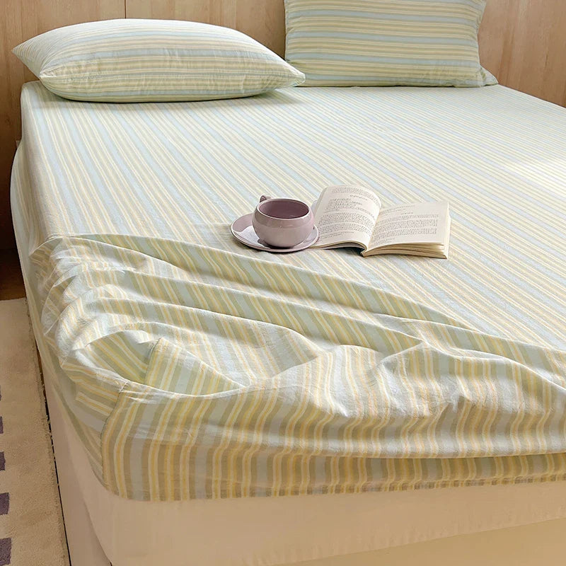 1PCS Nordic Stripe Fitted Sheet Non Slip Bedspread 100% Cotton With Elastic Band Mattress Cover (no Pillowcase)