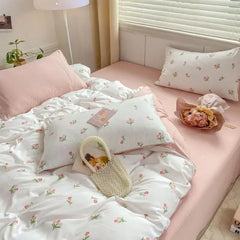 Ins Pink Flowers Bedding Set Flat Bed Sheet Duvet Cover Twin Full Queen Nordic Bed Linen Boy Girl Bedding Sets Flower Cherry