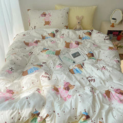 Korean Style Cute Bedding Set For Girls Bed Linen New Skin Friendly Fresh Flora Printed Washed Cotton Duvet Cover Set