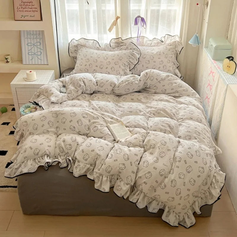 2025 new cream lace girl powder grid Korean version bed four-piece set washed cotton double-layer yarn quilt cover dormitory