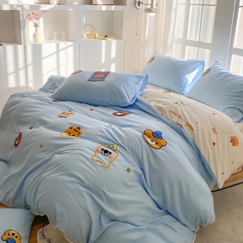 Bedding Set Ins Blue Pink lovely embroidery Mixed With Washed Cotton Minimalist Four Piece Set Fitted Sheets Duvet Cover