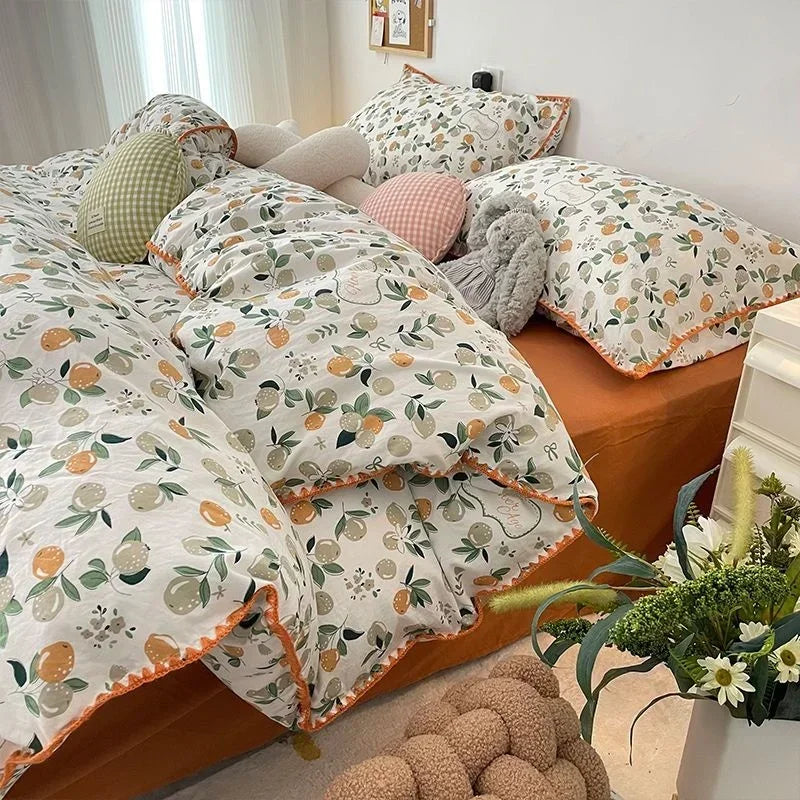 Bedding Set  Girls Cherry  Soft Washed Cotton Bed Sheet Queen King Size Duvet Set  Comforter Set Pillowcase Bed Linens