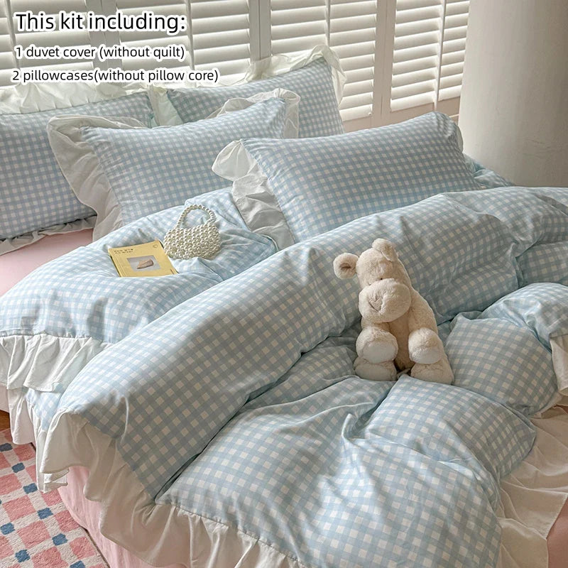 4pcs  Korean lace Duvet Cover Set (1*Duvet Cover +1 flat sheet + 2*Pillowcase, Without Core), Pink checkered print Bedding Set