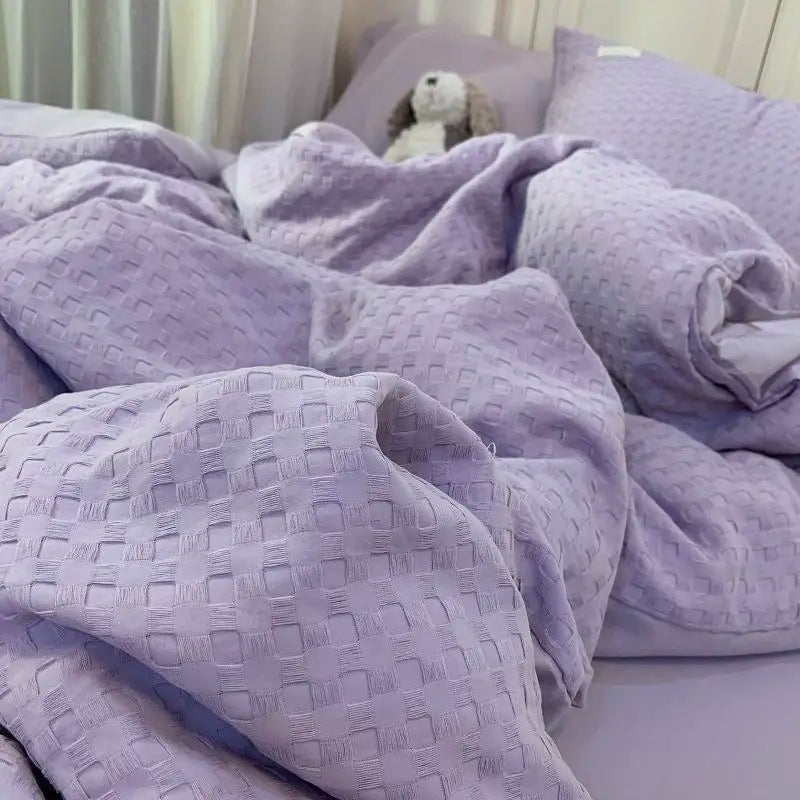 Bedding Set Luxury High Grade Light  Washable Cotton Waffle Four Piece  Olive Green Quilt Cover Bed Sheet Dormitory Three Piece